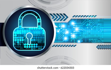 Safety concept, Closed Padlock on digital background, cyber security, Blue abstract hi speed internet technology background illustration. key