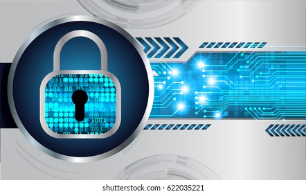 Safety concept, Closed Padlock on digital background, cyber security, Blue abstract hi speed internet technology background illustration. key