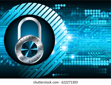 Safety concept, Closed Padlock on digital background, cyber security, Blue abstract hi speed internet technology background illustration. key