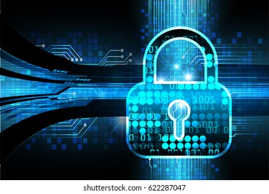 Safety concept, Closed Padlock on digital background, cyber security, Blue abstract hi speed internet technology background illustration. key
