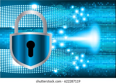 Safety concept, Closed Padlock on digital background, cyber security, Blue abstract hi speed internet technology background illustration. key