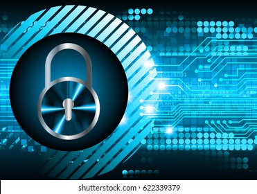 Safety concept, Closed Padlock on digital background, cyber security, Blue abstract hi speed internet technology background illustration. key