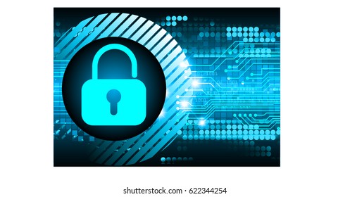 Safety concept, Closed Padlock on digital background, cyber security, Blue abstract hi speed internet technology background illustration. key