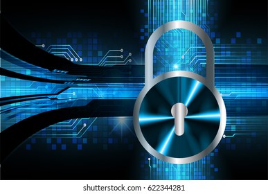 Safety concept, Closed Padlock on digital background, cyber security, Blue abstract hi speed internet technology background illustration. key