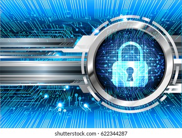 Safety concept, Closed Padlock on digital background, cyber security, Blue abstract hi speed internet technology background illustration. key
