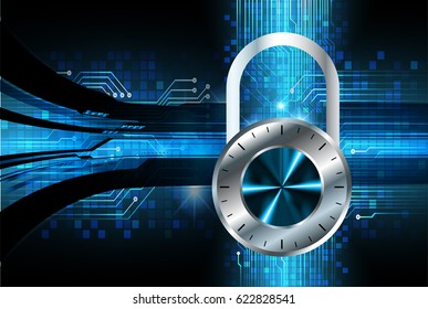 Safety concept, Closed Padlock on digital background, cyber security, Blue abstract hi speed internet technology background illustration. key