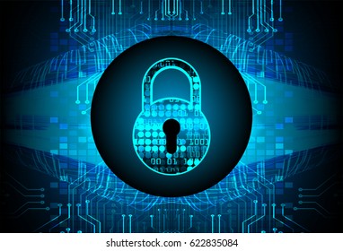 Safety concept, Closed Padlock on digital background, cyber security, Blue abstract hi speed internet technology background illustration. key
