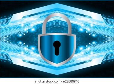 Safety concept, Closed Padlock on digital background, cyber security, Blue abstract hi speed internet technology background illustration. key