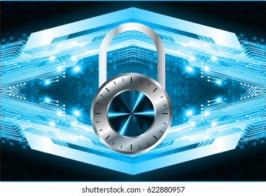 Safety concept, Closed Padlock on digital background, cyber security, Blue abstract hi speed internet technology background illustration. key