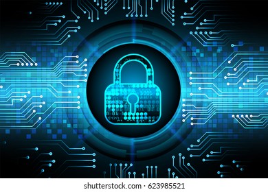 Safety concept, Closed Padlock on digital background, cyber security, Blue abstract hi speed internet technology background illustration. key