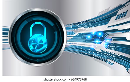 Safety concept, Closed Padlock on digital background, cyber security, Blue silver abstract hi speed internet technology background illustration. key