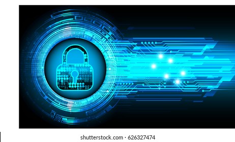 Safety concept, Closed Padlock on digital background, cyber security, Blue abstract hi speed internet technology background illustration. key