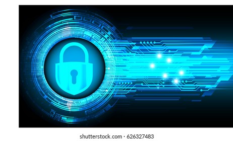 Safety concept, Closed Padlock on digital background, cyber security, Blue abstract hi speed internet technology background illustration. key