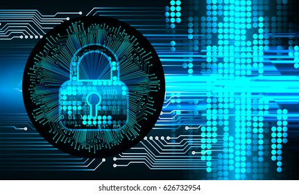 Safety concept, Closed Padlock on digital background, cyber security, Blue abstract hi speed internet technology background illustration. key