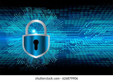 Safety concept, Closed Padlock on digital background, cyber security, Blue abstract hi speed internet technology background illustration. key