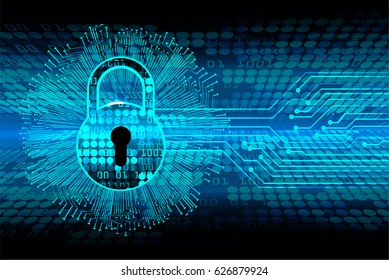 Safety concept, Closed Padlock on digital background, cyber security, Blue abstract hi speed internet technology background illustration. key