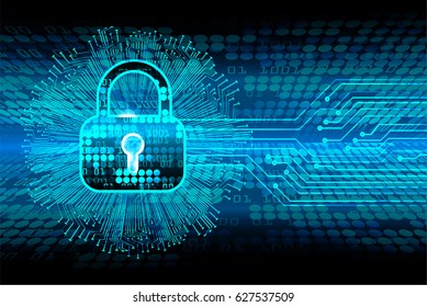 Safety concept, Closed Padlock on digital background, cyber security, Blue abstract hi speed internet technology background illustration. key
