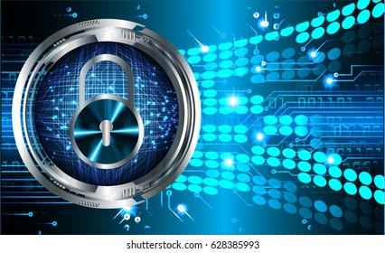 Safety concept, Closed Padlock on digital background, cyber security, Blue abstract hi speed internet technology background illustration. key