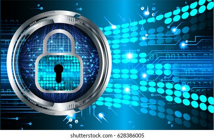 Safety concept, Closed Padlock on digital background, cyber security, Blue abstract hi speed internet technology background illustration. key