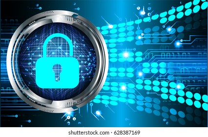 Safety concept, Closed Padlock on digital background, cyber security, Blue abstract hi speed internet technology background illustration. key