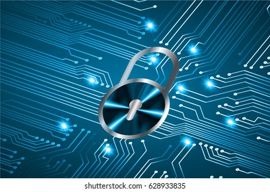 Safety concept, Closed Padlock on digital background, cyber security, Blue abstract hi speed internet technology background illustration. key