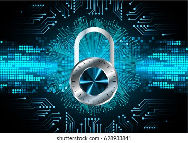 Safety concept, Closed Padlock on digital background, cyber security, Blue abstract hi speed internet technology background illustration. key