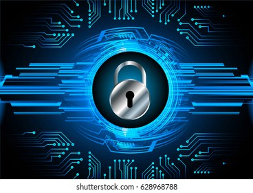 Safety concept, Closed Padlock on digital background, cyber security, Blue abstract hi speed internet technology background illustration. key