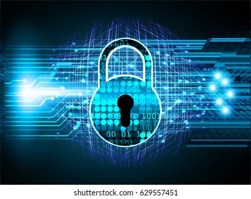 Safety concept, Closed Padlock on digital background, cyber security, Blue abstract hi speed internet technology background illustration. key