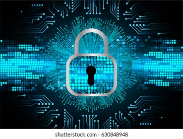 Safety concept, Closed Padlock on digital background, cyber security, Blue abstract hi speed internet technology background illustration. key