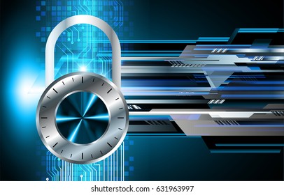Safety concept, Closed Padlock on digital background, cyber security, Blue abstract hi speed internet technology background illustration. key