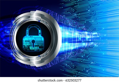 Safety concept, Closed Padlock on digital background, cyber security, Blue abstract hi speed internet technology background illustration. key