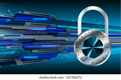 Safety concept, Closed Padlock on digital background, cyber security, Blue abstract hi speed internet technology background illustration. key