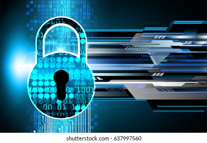 Safety concept, Closed Padlock on digital background, cyber security, Blue abstract hi speed internet technology background illustration. key