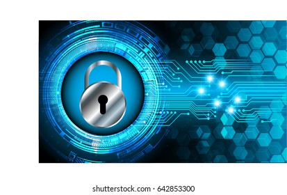 Safety concept, Closed Padlock on digital background, cyber security, Blue abstract hi speed internet technology background illustration. key