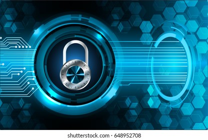 Safety concept, Closed Padlock on digital background, cyber security, Blue abstract hi speed internet technology background illustration. key