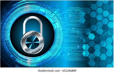 Safety concept, Closed Padlock on digital, cyber security, Blue abstract hi speed internet technology background illustration. key vector