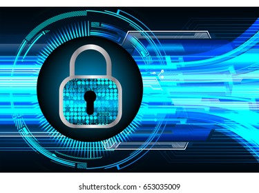 Safety concept, Closed Padlock on digital, cyber security, Blue abstract hi speed internet technology background illustration. key vector