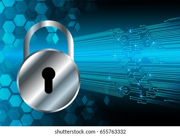 Safety concept, Closed Padlock on digital, cyber security, Blue abstract hi speed internet technology background illustration. key vector