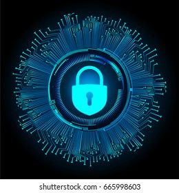 Safety concept, Closed Padlock on digital, cyber security, Blue abstract hi speed internet technology background illustration. key vector