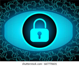 Safety concept, Closed Padlock on digital, cyber security, Blue abstract hi speed internet technology background illustration. key vector