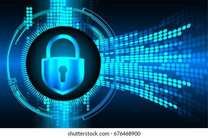 Safety concept, Closed Padlock on digital, cyber security, Blue abstract hi speed internet technology background illustration. 