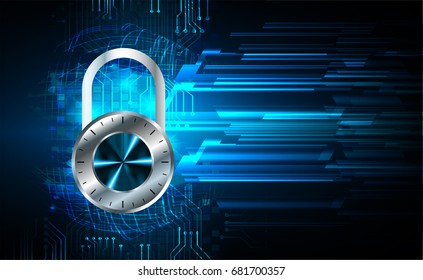 Safety concept, Closed Padlock on digital, cyber security, Blue abstract hi speed internet technology background illustration. key vector