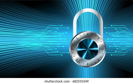 Safety concept, Closed Padlock on digital, cyber security, Blue abstract hi speed internet technology background illustration. key vector
