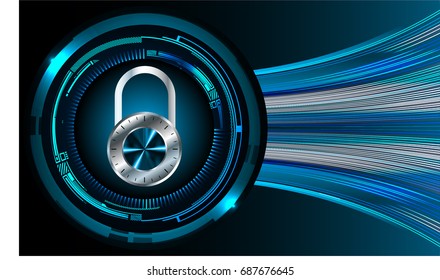 Safety concept, Closed Padlock on digital, cyber security, Blue abstract hi speed internet technology background illustration. key vector