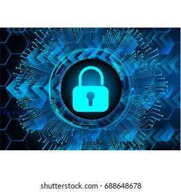 Safety concept, Closed Padlock on digital, cyber security, Blue abstract hi speed internet technology background illustration. key vector