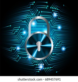 Safety concept, Closed Padlock on digital, cyber security, Blue abstract hi speed internet technology background illustration. key, sci fi vector