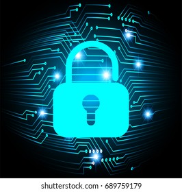 Safety concept, Closed Padlock on digital, cyber security, Blue abstract hi speed internet technology background illustration. key, sci fi vector