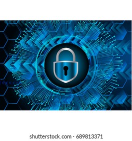 Safety concept, Closed Padlock on digital, cyber security, Blue abstract hi speed internet technology background illustration. key, sci fi vector
