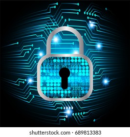 Safety concept, Closed Padlock on digital, cyber security, Blue abstract hi speed internet technology background illustration. key, sci fi vector