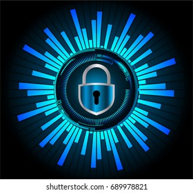 Safety concept, Closed Padlock on digital, cyber security, Blue abstract hi speed internet technology background illustration. key, sci fi vector